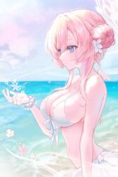  bare_arms bare_shoulders beach bikini blue_archive blue_eyes breasts cleavage closed_mouth commentary_request dano day female from_side hair_bun halo highres large_breasts long_hair mimori_(blue_archive) mimori_(swimsuit)_(blue_archive) ocean official_alternate_costume outdoors pink_hair pink_halo single_side_bun solo swimsuit upper_body water white_bikini 