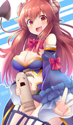  :d aru_(arudes) bare_shoulders blue_background blush bow breasts brown_eyes brown_hair cleavage commentary_request cowboy_shot crisis_management_form_(machimazo) curled_horns demon_girl demon_horns demon_tail detached_sleeves female floating_hair frilled_sleeves frills garter_straps hair_between_eyes happy horns large_breasts lilith_(machikado_mazoku) long_hair long_sleeves looking_at_viewer machikado_mazoku navel oerba_yun_fang open_mouth red_bow sidelocks simple_background skin_fang smile solo standing tail tail_raised tareme v yoshida_yuuko_(machikado_mazoku) 