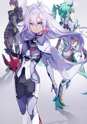  1boy 2girls a_(xenoblade) absurdres black_hair blue_eyes bodysuit earrings feet_out_of_frame full_body hair_between_eyes highres jewelry long_hair malos_(xenoblade) monado_fencer multiple_girls pneuma_(xenoblade) risumi_(taka-fallcherryblossom) siblings xenoblade_chronicles_(series) xenoblade_chronicles_2 xenoblade_chronicles_3 xenoblade_chronicles_3:_future_redeemed 