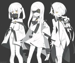  3girls aji_aji_nori black_background blindfold blue_archive bodysuit colored_skin covered_eyes covered_navel dress ein_(blue_archive) extra_pupils hair_over_one_eye headgear highres long_hair looking_at_viewer multiple_girls ohr_(blue_archive) open_mouth respirator short_hair simple_background smile smug sof_(blue_archive) symbol-shaped_pupils twintails white_bodysuit white_dress white_skin x-shaped_pupils yellow_eyes 