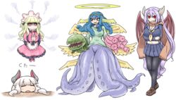  4girls =_= absurdly_long_hair alma_elma angel angel_wings apron archangel_ranael_(mon-musu_quest!) ascot black_horns black_pantyhose blonde_hair blue_hair blue_serafuku blue_shirt blue_skirt blunt_bangs blush_stickers breasts brown_footwear brown_scarf chimera cleavage commentary_request demon_girl demon_wings doll dress drooling gloom_(expression) gothic_lolita green_hairband green_shirt hair_between_eyes hairband halo head_on_table head_rest highres horns huge_breasts large_breasts lolita_fashion long_hair long_sleeves maid_headdress midriff mon-musu_quest! mon-musu_quest:_paradox monster_girl multiple_girls multiple_wings necktie no_mouth official_alternate_costume open_mouth oppai_loli paianne_(mon-musu_quest!) pantyhose parted_lips pink_dress pink_eyes pink_footwear pink_necktie plant pleated_skirt pointy_ears purple_hair red_eyes rumi_(mon-musu_quest!) scarf school_uniform scylla serafuku shirosato shirt shoes skirt slit_pupils smile snake_hair spoilers tentacle tentacle_arm translation_request uwabaki venus_flytrap very_long_hair waist_apron white_background white_hair white_horns wings yellow_ascot 