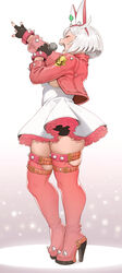  ahoge animal_ear_headwear animal_ears bike_shorts black_gloves black_shorts bob_cut boots bracelet breasts cheshirrr closed_eyes contrapposto dress elphelt_valentine eyeliner eyeshadow fake_animal_ears female fingerless_gloves frilled_dress frills from_side full_body gloves guilty_gear guilty_gear_strive hairband high_heel_boots high_heels highres holding holding_microphone huge_ahoge jacket jewelry leather leather_jacket makeup microphone music open_mouth pink_footwear pink_jacket red_eyeliner short_dress short_hair shorts shorts_under_dress simple_background singing skindentation solo spiked_bracelet spiked_footwear spikes standing teeth thick_thighs thigh_boots thigh_strap thighhighs thighs white_background white_dress white_hair 