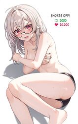  ahoge ass barefoot black_nails black_shorts blush breasts covering_breasts covering_privates english_text female glasses hair_between_eyes heart highres indie_virtual_youtuber like_and_retweet long_hair looking_at_viewer medium_breasts meme open_mouth red_eyes saruei saruei_(vtuber) scar scar_across_eye self-portrait shorts solo teeth topless twitter_strip_game_(meme) upper_teeth_only virtual_youtuber 