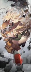  :&gt; absurdres animal_ear_headwear animal_ears aviator_cap black_footwear blonde_hair blue_eyes boots breasts brown_headwear brown_jacket brown_shorts camisole cleavage fake_animal_ears female flight_goggles full_body goggles goggles_on_headwear green_camisole grey_background highres jacket knee_boots large_breasts lilya_(reverse:1999) long_hair looking_at_viewer mask mask_around_neck missile oxygen_mask reverse:1999 shorts solo weibo_logo weibo_watermark yushe_quetzalli 