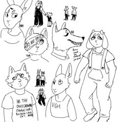  2_horns anthro bovid canid canine canis caprine clothed clothing coyote domestic_cat english_text eyebrows eyelashes felid feline felis female footwear fox from_felidae fully_clothed goat group hand_holding head_wraps hi_res horn lagomorph leporid male mammal monochrome nan_(nq) nan_quest overalls rabbit red_(rq) ruby_(rq) ruby_quest santiago_(nq) shirt shoes simple_background sketch_page standing tail tank_top text text_on_clothing text_on_shirt text_on_tank_top text_on_topwear tom_(rq) topwear white_background young 