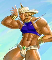  1boy abs absurdres bara battle_tendency blonde_hair bulge dark-skinned_male dark_skin demonicboimike earrings facial_hair feet_out_of_frame from_side gold highres hoop_earrings jewelry jojo_no_kimyou_na_bouken large_pectorals loincloth male_focus mature_male midriff muscular muscular_male navel nipple_slip nipples pectorals posing profile sideburns_stubble sidepec solo stomach stubble thick_eyebrows thick_thighs thighs turban wamuu 