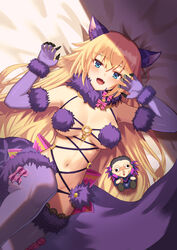  absurdres animal_ears bare_shoulders black_panties blonde_hair blue_eyes blush bow breasts character_doll cleavage commentary_request cosplay elbow_gloves fate/apocrypha fate/grand_order fate_(series) female fur-trimmed_gloves fur-trimmed_legwear fur_collar fur_trim gilles_de_rais_(caster)_(fate) gloves highres jeanne_d&#039;arc_(fate) jeanne_d&#039;arc_(ruler)_(fate) lace-trimmed_legwear lace_trim large_breasts long_hair looking_at_viewer lying mash_kyrielight mash_kyrielight_(dangerous_beast) mash_kyrielight_(dangerous_beast)_(cosplay) motukan navel o-ring on_back open_mouth panties purple_gloves purple_thighhighs revealing_clothes smile solo stuffed_toy tail thighhighs underwear very_long_hair wolf_ears wolf_tail 