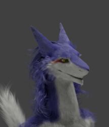  3d_(artwork) ambiguous_gender canid canine digital_media_(artwork) fox fur grey_background grey_body grey_fur hair hi_res long_hair mammal purple_body purple_fur rain_silves sergal simple_background solo texas_ranger untied_verbeger yellow_eyes 