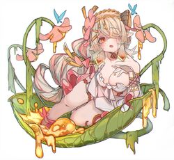  bare_shoulders blush breasts bridal_gauntlets cleavage dress duel_monster female flower hair_flower hair_ornament hair_over_one_eye honey large_breasts long_hair looking_at_viewer multicolored_hair nectar open_mouth pink_hair pointy_ears rancha06743732 red_eyes solo traptrix_pinguicula yu-gi-oh! 