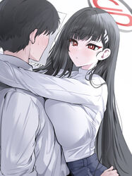  1boy :o absurdres black_hair blue_archive blush breast_press breasts breath bright_pupils facing_another female halo highres hug huge_breasts long_hair paper_on_head rio_(blue_archive) sensei_(blue_archive) shirt shirt_tucked_in short_hair simple_background straight straight_hair sweatdrop sweater turtleneck turtleneck_sweater upper_body very_long_hair white_background white_pupils white_shirt white_sweater yuki_(asayuki101) 