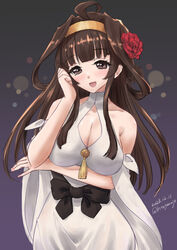  ahoge blunt_bangs breasts brown_hair cleavage dated double_bun dress female gold_hairband grey_eyes hair_bun hairband kantai_collection kitagawa_mikio kongou_(anniversary)_(kancolle) kongou_(kancolle) long_hair medium_breasts official_alternate_costume smile solo turtleneck twitter_username white_dress 