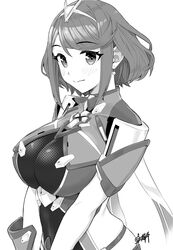  absurdres blush breasts earrings female greyscale highres jewelry large_breasts looking_to_the_side monochrome pyra_(xenoblade) short_hair simple_background smile solo takuji_yuusaku tiara upper_body xenoblade_chronicles_(series) xenoblade_chronicles_2 