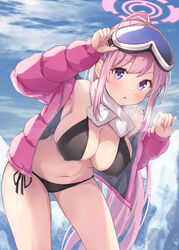  :o absurdres armpits bikini black_bikini blue_archive blush breasts breath cleavage down_jacket eimi_(blue_archive) eimi_(swimsuit)_(blue_archive) female glacier goggles goggles_on_head halo highres jacket large_breasts leaning_forward long_hair looking_at_viewer matsu520 navel official_alternate_costume outdoors padded_jacket pink_hair pink_halo pink_jacket ponytail purple_eyes revision scarf side-tie_bikini_bottom sideboob ski_goggles solo stomach swimsuit very_long_hair white_scarf 