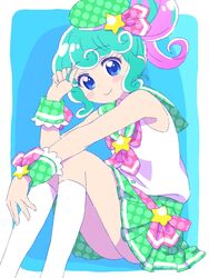  beret blue_eyes blue_hair blush closed_mouth feet_out_of_frame female green_hat green_sailor_collar green_skirt hair_bun hair_ornament hand_on_own_leg hand_up hat highres ikzw kneehighs knees_up looking_at_viewer neckerchief pink_neckerchief pinon_(pripara) pleated_skirt pretty_series pripara sailor_collar shirt short_hair single_side_bun sitting skirt sleeveless sleeveless_shirt socks solo star_(symbol) star_hair_ornament white_shirt white_socks wrist_cuffs 