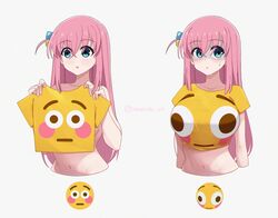  :o blue_eyes bocchi_the_rock! breasts commentary emoji female flushed_face_emoji flushed_face_emoji_shirt_(meme) gotoh_hitori hair_ornament highres holding holding_clothes holding_shirt inkspirate large_breasts long_hair meme multiple_views navel pink_hair shirt simple_background sweatdrop topless upper_body white_background 