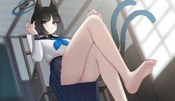  animal_ears ass black_eyes black_hair black_sailor_collar black_skirt blue_archive blue_halo blue_neckerchief blush cat_ears cat_tail female halo highres indoors kikyou_(blue_archive) long_sleeves midriff_peek mijikayo multiple_tails neckerchief panties pantyshot parted_lips pleated_skirt sailor_collar school_uniform serafuku short_hair sitting skirt solo tail two_tails underwear white_panties window 