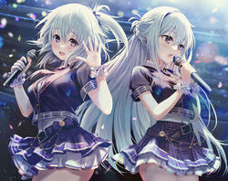  2girls ai_(re:lief) belt black_bow black_hairband black_jacket black_ribbon blurry blurry_background bow braid breasts collared_shirt commentary_request commission cropped_jacket grey_hair hair_ribbon hairband holding holding_microphone idol jacket kurono_mitsuki long_hair microphone multiple_girls necktie open_mouth plaid plaid_skirt purple_eyes purple_skirt re:lief_~shin&#039;ai_naru_anata_e~ ribbon scrunchie shirt short_hair short_sleeves skeb_commission skirt white_scrunchie white_shirt wrist_scrunchie yuu_(re:lief) 