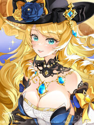  absurdres aqua_eyes bare_shoulders black_gloves black_hat blonde_hair blue_flower blue_rose bodice breasts cleavage commentary detached_sleeves drill_hair drill_sidelocks female flower genshin_impact gloves grin hamonji hat hat_flower highres jewelry large_breasts long_hair looking_at_viewer navia_(genshin_impact) necklace parted_lips rose sidelocks smile solo upper_body very_long_hair vision_(genshin_impact) yellow_flower yellow_rose 