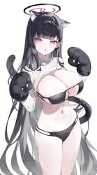  :o absurdres alternate_costume animal_ear_fluff animal_ears animal_hands bikini black_bikini black_hair blue_archive blush breasts cat_ears cat_tail chestnut_mouth cleavage cropped_sweater female gloves groin halo highres huge_breasts kemonomimi_mode long_hair long_sleeves looking_at_viewer meunhongcha multi-strapped_bikini_bottom multi-strapped_bikini_top navel no_pants paw_gloves red_eyes ribbed_sweater rio_(blue_archive) simple_background solo stomach string_bikini sweatdrop sweater swimsuit tail very_long_hair white_background white_sweater 