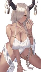  absurdres azur_lane bare_shoulders black_horns blush bracelet breasts cleavage closed_mouth collarbone commentary dark-skinned_female dark_skin female grey_hair hair_over_one_eye highres horn_ornament horns jewelry large_breasts long_hair looking_at_viewer mole mole_under_mouth official_alternate_costume one-piece_swimsuit owari_(azur_lane) owari_(shimmering_forsythia)_(azur_lane) sateridas sideboob simple_background smile solo swimsuit thighlet thighs white_background white_nails white_one-piece_swimsuit 