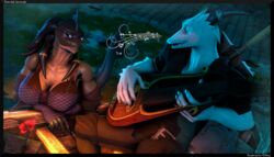  2023 3d_(artwork) 5_fingers anthro aquarius_(petruz) blue_body blue_skin breasts cleavage clothed clothing digital_media_(artwork) duo female fingers hi_res humanoid_hands lizard male male/female melee_weapon musical_instrument petruz_(copyright) playing_music plucked_string_instrument reindeerviking reptile river romantic romantic_ambiance romantic_couple scales scalie scylla_(reindeerviking) singing smile source_filmmaker_(artwork) string_instrument sword tattoo teeth triton water weapon white_body white_scales 