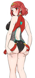  ass ass_support back_cutout blush breasts clothing_cutout earrings feet_out_of_frame female highres jewelry kneepits large_breasts looking_at_viewer looking_back official_alternate_costume one-piece_swimsuit pyra_(pro_swimmer)_(xenoblade) pyra_(xenoblade) red_eyes red_hair short_hair simple_background solo sweat swimsuit takuji_yuusaku tiara white_background xenoblade_chronicles_(series) xenoblade_chronicles_2 