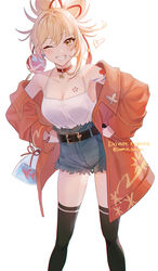  black_thighhighs blonde_hair blush breasts camisole choker cleavage commentary denim denim_shorts female genshin_impact grin hair_between_eyes hands_on_own_hips heart highres jacket looking_at_viewer medium_breasts miz_(mi) off_shoulder one_eye_closed open_clothes open_jacket orange_eyes red_choker shirt_tucked_in shorts simple_background smile solo spaghetti_strap symbol-only_commentary thighhighs white_background yoimiya_(genshin_impact) 