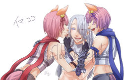  3boys alternate_color animal_ears bell black_gloves blue_eyes blue_scarf braid closed_eyes closed_mouth commentary_request crop_top cross_of_prontera eyes_visible_through_hair fingerless_gloves flowery_peko fox_boy fox_ears fox_tail gloves hair_bell hair_between_eyes hair_ornament hair_over_one_eye hair_ribbon heterochromia jingle_bell long_bangs long_hair looking_at_another male_focus midriff multiple_boys open_mouth pink_hair purple_ribbon ragnarok_online ranger_(ragnarok_online) red_eyes red_ribbon red_scarf ribbon scarf shirt short_hair side_braid simple_background sleeveless sleeveless_shirt smile sura_(ragnarok_online) tail tail_through_clothes twin_braids twitter_username upper_body white_background white_shirt yaoi 