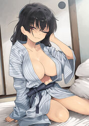  alternate_hairstyle arm_support black_hair black_sash blush breasts cleavage closed_mouth collarbone commentary_request dated female fingernails fusuma futon gaki_kyonyuu hair_between_eyes hair_down half-closed_eye hand_on_own_head hand_up highres indoors japanese_clothes kaedeko_(kaedelic) kimono large_breasts looking_at_viewer medium_hair messy_hair navel no_bra on_bed one_eye_closed oppai_loli pillow red_eyes sasaki_kanna_(kaedeko) sash signature sitting sleeves_past_wrists sliding_doors solo striped_clothes striped_kimono thighs waking_up wavy_mouth white_kimono wide_sleeves yokozuwari yukata 