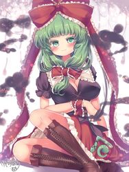  arm_ribbon boots bow breasts brown_footwear cleavage female frilled_bow frilled_ribbon frilled_skirt frills front_ponytail full_body green_eyes green_hair hair_ribbon highres kagiyama_hina kemo_chiharu looking_at_viewer puffy_short_sleeves puffy_sleeves red_ribbon ribbon short_sleeves skirt smile solo touhou 