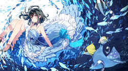  5_nenme_no_houkago animal armpit_peek bare_shoulders black_hair blue_dress butterflyfish commentary dress female fish frilled_dress frills full_body hair_ornament highres kantoku layered_dress looking_at_viewer medium_hair one_side_up pink_eyes shizuku_(kantoku) sleeveless sleeveless_dress stingray tropical_fish underwater water 