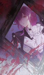  1boy adjusting_earrings black_jacket blood blood_on_mirror blood_on_wall blood_splatter collared_shirt earrings eyewear_on_head female gloves hands_up high-waist_shorts highres honkai:_star_rail honkai_(series) jacket jewelry kafka_(honkai:_star_rail) looking_at_mirror looking_to_the_side mirror parted_lips purple_eyes purple_gloves purple_hair putting_on_earrings reflection_focus round_eyewear shirt shorts solo_focus upper_body white_shirt zassyoku_dd 