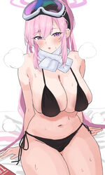  bed_sheet bikini black_bikini blue_archive blush breasts cleavage commentary_request condom_box eimi_(blue_archive) eimi_(swimsuit)_(blue_archive) female goggles goggles_on_head halo highres huge_breasts large_breasts looking_at_viewer navel official_alternate_costume pink_hair pink_halo purple_eyes side-tie_bikini_bottom sidelocks simple_background sitting ski_goggles solo steaming_body stomach sweat swimsuit thick_thighs thighs tsumayouji_(tumayog) white_background 