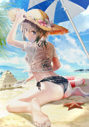  ass barefoot beach beach_umbrella bikini black_bikini black_ribbon blue_sky breasts brown_hair cloud commentary_request feet female flower from_behind grey_eyes hat hat_ribbon holding innertube kurono_mitsuki looking_at_viewer looking_back mhlia_blanco ocean outdoors palm_leaf palm_tree pink_flower re:lief_~shin&#039;ai_naru_anata_e~ ribbon sand sand_castle sand_sculpture see-through see-through_shirt shadow shirt side-tie_bikini_bottom sitting sky soles solo starfish straw_hat sun_hat swim_ring swimsuit tied_shirt toes tree trowel umbrella wariza wet wet_clothes wet_shirt white_ribbon yellow_flower 