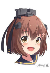  anchor_ornament black_ribbon black_sailor_collar brown_eyes brown_hair female headgear highres kantai_collection open_mouth parody portrait ribbon sailor_collar short_hair simple_background smile solo speaking_tube_headset style_parody teeth ugume_(style) upper_teeth_only white_background yuki_4040 yukikaze_(kancolle) 