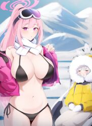  2girls absurdres bikini black_bikini blue_archive breasts commentary_request eimi_(blue_archive) eimi_(swimsuit)_(blue_archive) fur-trimmed_hood fur_trim goggles goggles_on_head halo high_ponytail highres himari_(blue_archive) hood hood_up jacket kisa_(leg3043) korean_commentary large_breasts long_hair long_sleeves looking_at_viewer multiple_girls navel official_alternate_costume open_clothes open_jacket outdoors pink_hair pink_halo pink_jacket powered_wheelchair purple_eyes scarf side-tie_bikini_bottom sideboob sitting snot snow stomach swimsuit trembling wheelchair white_scarf yellow_jacket 