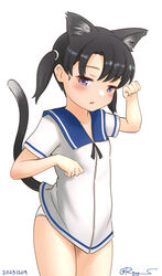  animal_ears black_hair blue_sailor_collar cat_ears cat_tail dress female kantai_collection one-hour_drawing_challenge panties purple_eyes ray.s sailor_collar sailor_dress shoes short_hair short_sleeves shounan_(kancolle) simple_background solo tail twintails underwear uwabaki white_background white_dress white_panties 