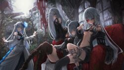  4girls amputee bandaged_leg bandaged_neck bandages bell black_nails black_thighhighs blue_eyes blunt_bangs breasts closed_eyes collar commentary crown cuffs dress grey_eyes grey_hair hair_over_one_eye highres injury jacket kajaneko long_hair looking_at_viewer medium_breasts missing_limb multiple_girls navel neck_bell off_shoulder one_eye_closed open_clothes open_jacket original pleated_skirt red_eyes shackles sitting skirt small_breasts thighhighs 