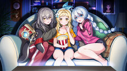  &gt;_&lt; 1other 3girls :t absurdres ahoge alternate_costume blonde_hair blue_eyes blue_shorts braid breasts cleavage clock company_connection couch eating english_commentary food genshin_impact grey_hair highres honkai:_star_rail honkai_(series) honkai_impact_3rd hood hoodie indoors kiana_kaslana lumine_(genshin_impact) mihoyo multiple_girls on_couch paimon_(genshin_impact) pants photo_(object) pink_hoodie pom-pom_(honkai:_star_rail) popcorn raiden_mei red_pants scared shirt shorts sitting smile stelle_(honkai:_star_rail) trailblazer_(honkai:_star_rail) twin_braids wall_clock wellsy white_hair yellow_eyes yellow_shirt 