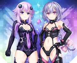  2girls black_gloves bow braid braided_ponytail breasts bustier cleavage cleavage_cutout closed_mouth clothing_cutout cosplay costume_switch cowboy_shot dhiparizky dominatrix earrings elbow_gloves gloves hair_ornament hairbow hands_on_own_hips highres iris_heart iris_heart_(cosplay) jewelry kami_jigen_game_neptune_v leotard long_hair looking_at_viewer medium_hair multiple_girls navel neon_trim neptune_(neptunia) neptune_(series) pink_bow pink_eyes power_symbol purple_eyes purple_hair purple_heart_(neptunia) purple_heart_(neptunia)_(cosplay) pururut self_cosplay stomach 