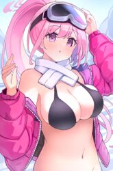  bikini black_bikini blue_archive blush breasts cleavage commentary eimi_(blue_archive) eimi_(swimsuit)_(blue_archive) female goggles goggles_on_head halo highres jacket large_breasts long_hair long_sleeves navel nomio official_alternate_costume open_clothes open_jacket parted_lips pink_eyes pink_hair pink_halo pink_jacket ponytail solo swimsuit upper_body very_long_hair 