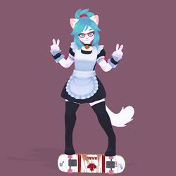  1:1 3d_(artwork) 3d_animation accessory animated anthro armband atelierlily bell bell_collar biped black_clothing black_legwear black_thigh_highs blue_eyes blue_hair blush canada_anal_meme clothed clothing collar digital_media_(artwork) domestic_cat eyewear felid feline felis female fully_clothed fur glasses hair hair_accessory hair_ribbon legwear maid_uniform mammal red_eyewear red_glasses ribbons sash short_playtime simple_background skateboard_trick solo tablekat thigh_highs uniform white_body white_fur 