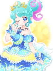  blue_dress blue_eyes blue_flower blue_hair blush closed_mouth commentary_request crescent detached_sleeves dress female flower hair_bun hand_up highres ikzw jewelry looking_at_viewer multicolored_hair necklace one_eye_closed pink_hair pinon_(pripara) pretty_series pripara puffy_detached_sleeves puffy_sleeves sidelocks single_side_bun smile solo standing streaked_hair tiara wrist_cuffs 