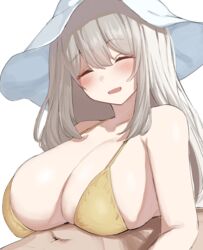  1boy ^_^ bikini blue_archive blush breasts closed_eyes dated_commentary female hat highres huge_breasts implied_paizuri long_hair narodenden nonomi_(blue_archive) nonomi_(swimsuit)_(blue_archive) official_alternate_costume open_mouth simple_background smile solo_focus straight swimsuit upper_body white_background white_headwear yellow_bikini 