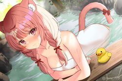  ahoge animal_ear_fluff animal_ears bare_arms bare_shoulders bathing blush bow braid breasts cat_ears cat_girl cat_tail cleavage closed_mouth collarbone commentary_request commission dutch_angle eyes_visible_through_hair female hair_ribbon highres indie_virtual_youtuber izumiya_konomi leaning light_particles long_hair looking_at_viewer medium_breasts naked_towel nose_blush onsen partially_submerged pink_eyes pink_hair pink_tail red_bow red_ribbon ribbon rubber_duck seiru_(prairie) skeb_commission smile solo tail tail_bow tail_ornament towel twin_braids twintails twitter_username virtual_youtuber water water_drop wet 