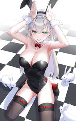  animal_ears armpits arms_up ass_visible_through_thighs bare_shoulders black_leotard black_thighhighs bow bowtie breasts checkered_floor cleavage collarbone commentary covered_navel detached_collar dice_earrings earrings fake_animal_ears female green_eyes grey_hair hair_between_eyes hands_up highres jewelry kfr leotard long_hair looking_at_viewer original playboy_bunny rabbit rabbit_ears red_bow red_bowtie sitting smile solo strapless strapless_leotard symbol-only_commentary thighhighs thighs unworn_footwear 