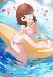  absurdres banana_boat bare_legs barefoot bikini blue_eyes blush breasts brown_hair cross-laced_bikini cross-laced_clothes female flower_on_liquid frilled_bikini frills highres idolmaster idolmaster_cinderella_girls koyo_akio looking_at_viewer medium_breasts ocean outdoors pink_bikini refraction sakuma_mayu scrunchie sitting smile solo swimsuit water wrist_scrunchie 