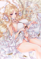  azur_lane bare_shoulders blonde_hair blue_eyes breasts brest_(azur_lane) covered_nipples dress feathered_wings feet_out_of_frame female highres large_breasts large_wings long_hair looking_at_viewer marker_(medium) mktr_(princess_mktr) navel panties revealing_clothes sharp_teeth solo teeth traditional_media underboob underwear very_long_hair white_dress white_panties wings 