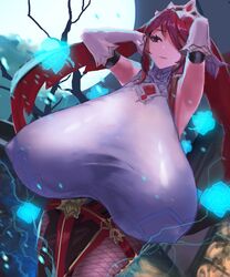  1girls big_breasts breasts_bigger_than_head breasts_bigger_than_torso erect_nipples_under_clothes female_only fully_clothed fully_clothed_female genshin_impact gigantic_breasts gloves huge_breasts hyper_breasts long_hair masamasa red_hair rosaria_(genshin_impact) sagging_breasts solo solo_female twintails twintails_(hairstyle) 