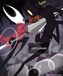  1girls ass black_body cloak cloak_only collector_(hollow_knight) delicioussoup fighting holding_weapon hollow_knight hornet_(hollow_knight) monster multi_arm multi_limb murder oversized_weapon red_cloak stabbing team_cherry weapon white_head yellow_eyes 